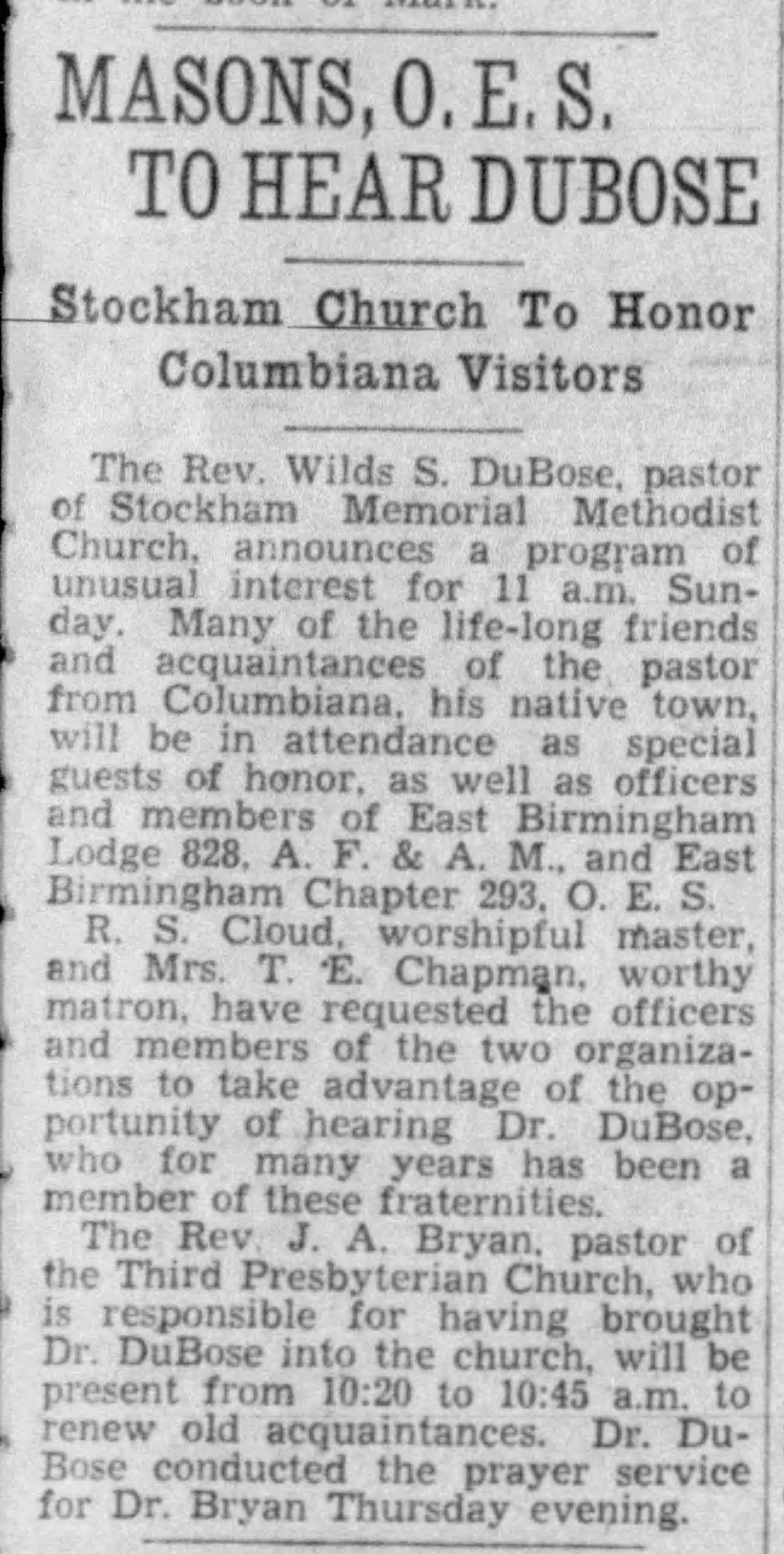 Masons, O.E.S. To Hear DuBose